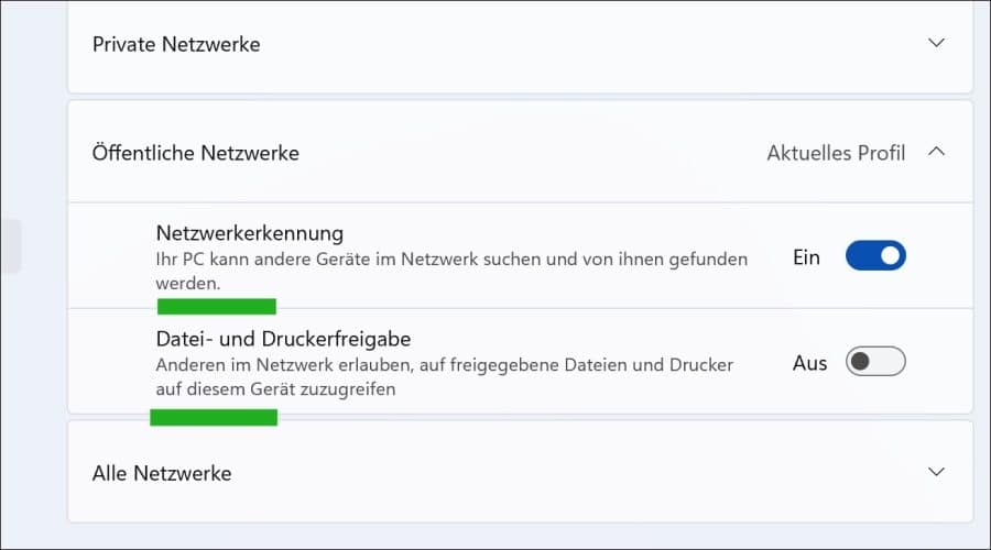 Netzwerkerkennung und die Datei- und Druckfreigabe ein- oder ausschalten