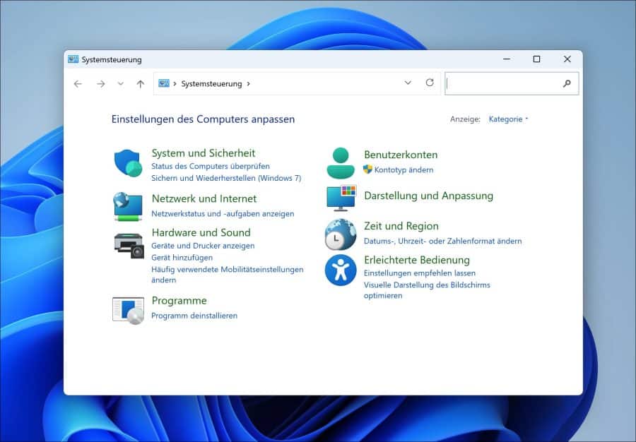 Systemsteuerung wird geöffnet