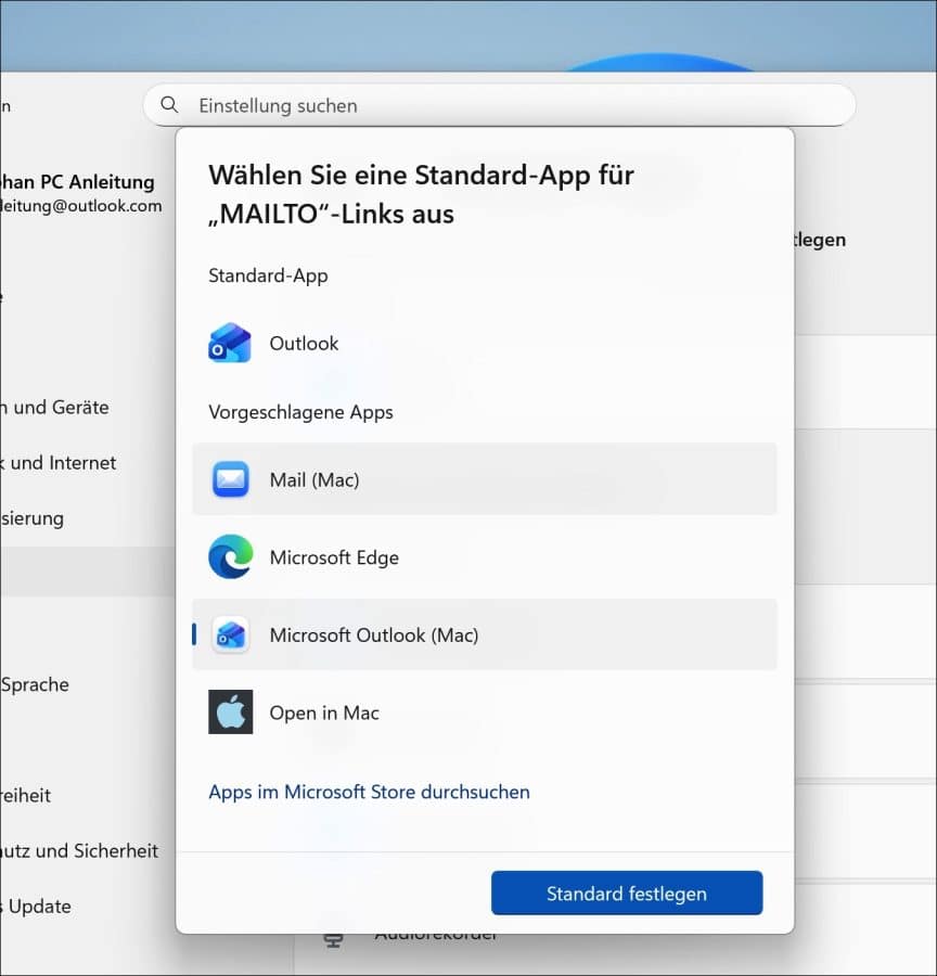 gewünschte Mail-Programm Ihrer Wahl