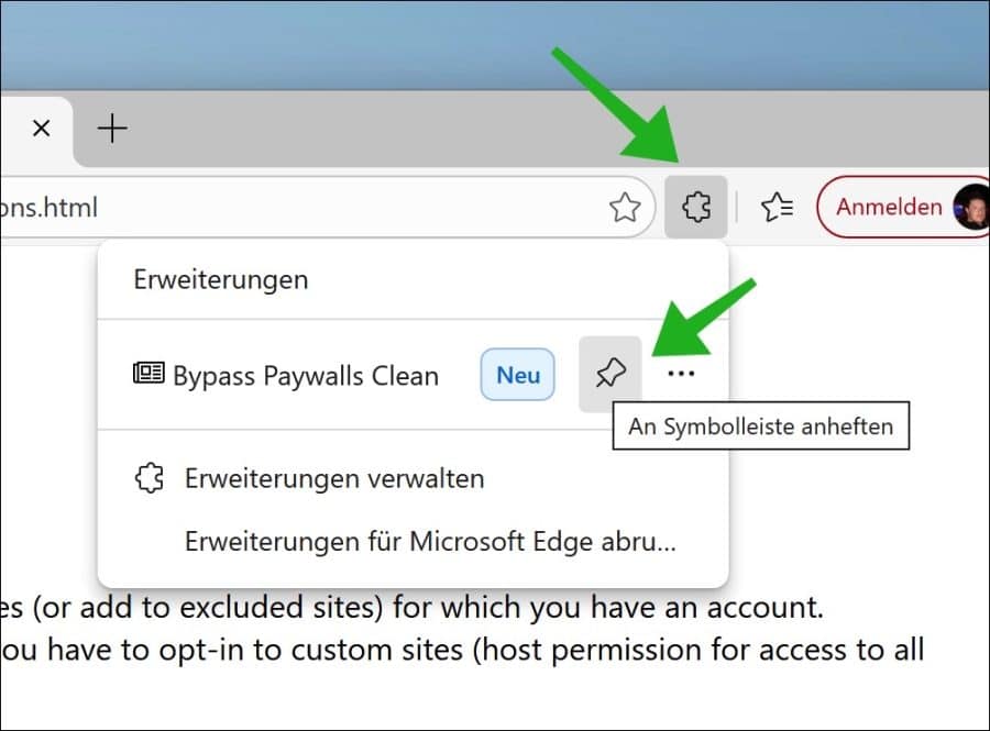 die Erweiterung an die Menüleiste anzuheften