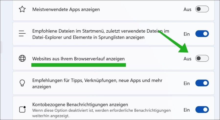 Browserverlauf im Startmenü von Windows 11 deaktivieren