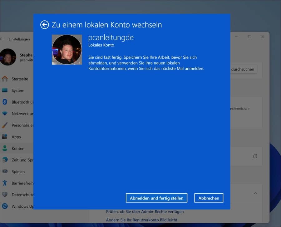 Bestätigen Sie die Änderung und melden Sie sich ab