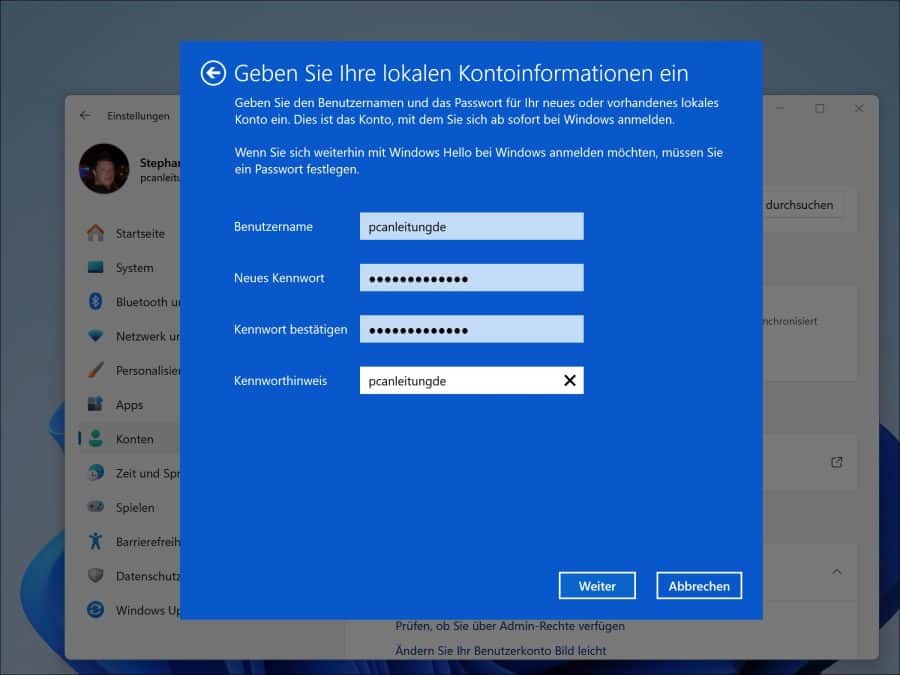 Passwort für das lokale Konto festlegen