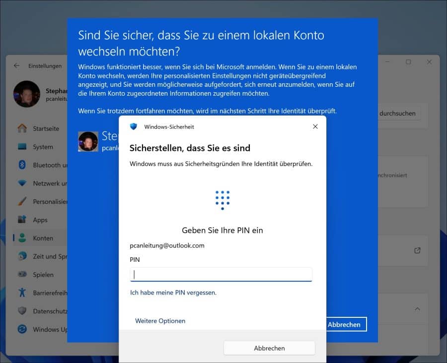 Windows muss aus Sicherheitsgründen Ihre Identität überprüfen.