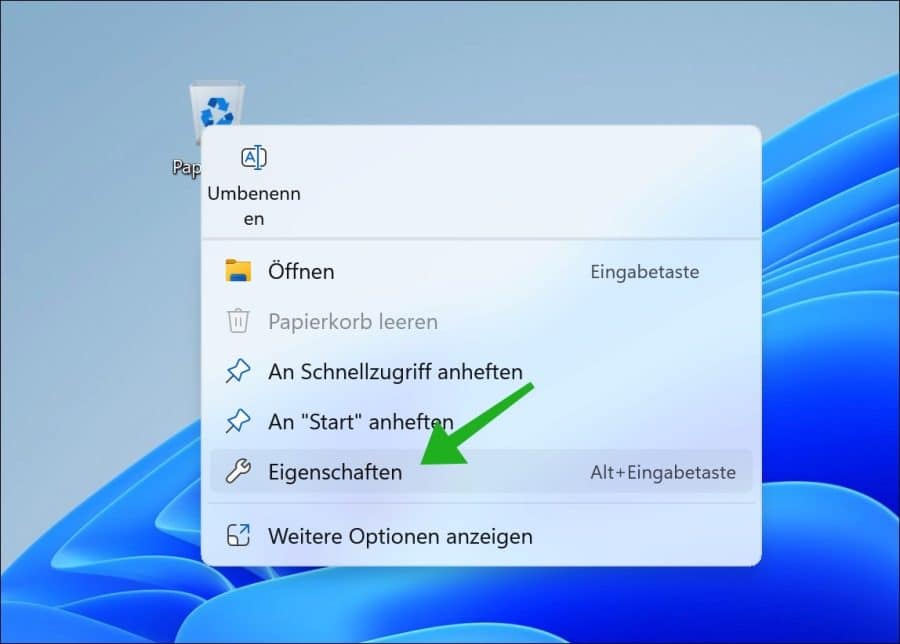 Einstellungen des Papierkorbs