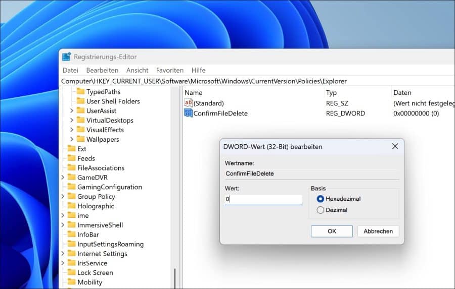 Löschbestätigung über die Registrierung deaktivieren